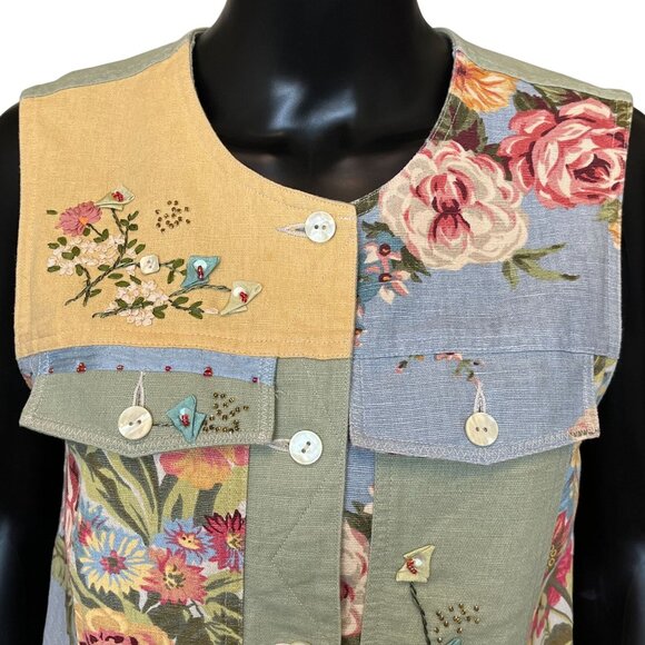 Susan Bristol Multicolor Patchwork Floral Linen Cotton Button Front Vest Small - Picture 5 of 13